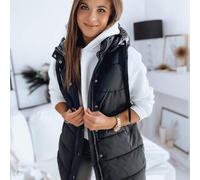 Lange gesteppte Thermoweste für Damen mit großer Kapuze, leichte Polyesterweste mit glänzender Wattierung und Taschen, modische Weste für Sport bei ka