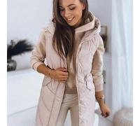 Lange, gesteppte Thermoweste für Damen mit nicht abnehmbarer Kapuze und Kordelzug in der Taille. Elegante und praktische Weste aus Polyester mit Tasch