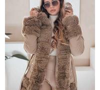 Lange gesteppte Winterjacke für Damen mit großer Kapuze und Kunstfell. Eleganter Wintermantel mit verstellbarem Taillengürtel, Fellbesatz an Ärmeln un