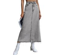 Lange Jeansröcke für Frauen Maxi Paperbag Hohe Taille Ausgefranster Rohsaum A-Linie Flare Jean Rock mit Taschen, C# Grau, Mittel