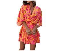 Lange Kleider Damen,Kleider 20 Jahre Stil Schöne Abendkleider Damen Kleider Für Silvester Party Damen V-Neck Loose Sleeve Elastic Waist Printed Dress Mini Lange Kleider Damen (1-Heißes Rosa,XXL)