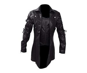 Lange Lederjacke Herren Mantel Kunstleder Gothic Parka Vintage Windbreaker Slim Fit, Männer Winterjacke Übergangsjacke Ledermantel Celucke (Schwarz, XL)