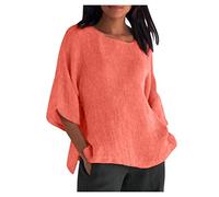 Lange Leinenbluse Damen Vintage Einfarbig Oversize Tshirt Baumwolle Leinen Bluse Sommer Tunika Shirt Langarm V-Ausschnitt T-Shirt Locker Blusenshirt Große Größen Pullover Tops Longbluse Hemd 5XL