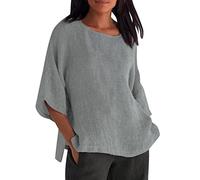 Lange Leinenbluse Damen Vintage Einfarbig Oversize Tshirt Baumwolle Leinen Bluse Sommer Tunika Shirt Langarm V-Ausschnitt T-Shirt Locker Blusenshirt Große Größen Pullover Tops Longbluse Hemd 5XL