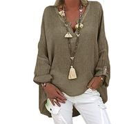 Lange Leinenbluse Damen Vintage Einfarbig Oversize Tshirt Baumwolle Leinen Bluse Sommer Tunika Shirt Langarm V-Ausschnitt T-Shirt Locker Blusenshirt Große Größen Pullover Tops Longbluse Hemd 5XL