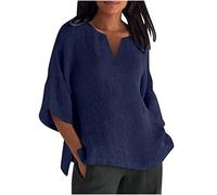 Lange Leinenbluse Damen Vintage Einfarbig Oversize Tshirt Baumwolle Leinen Bluse Sommer Tunika Shirt Langarm V-Ausschnitt T-Shirt Locker Blusenshirt Große Größen Pullover Tops Longbluse Hemd 5XL