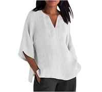 Lange Leinenbluse Damen Vintage Einfarbig Oversize Tshirt Baumwolle Leinen Bluse Sommer Tunika Shirt Langarm V-Ausschnitt T-Shirt Locker Blusenshirt Große Größen Pullover Tops Longbluse Hemd 5XL