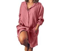 Lange Leinenkleid Damen Große Größen Langarm Leinenbluse Sommer Lose Sommerkleid Damen Leinenkleider Baumwolle Leinen Blusenkleid Casual Freizeitkleid Strandkleider Boho Kleid A-Linie Kleid