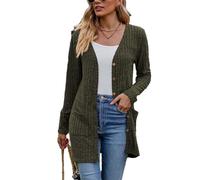 Lange Strickjacke Damen Knopf Cardigan Damen V Ausschnitt Strickpullover Cardigan Lang, Army En8, Mittel