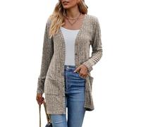 Lange Strickjacke Damen Knopf Cardigan Damen V Ausschnitt Strickpullover Cardigan Lang, Khaki, Groß