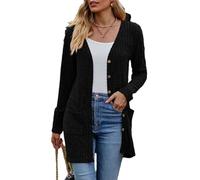 Lange Strickjacke Damen Knopf Cardigan Damen V Ausschnitt Strickpullover Cardigan Lang, Schwarz, Groß