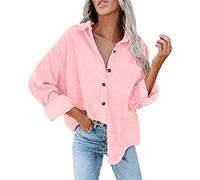 Lange Weiße Bluse Damen Cordhemd mit Knöpfen, übergroße Blusen, Oberteile, langärmlige, lässige, warme Jacke mit Taschen Braunes Hemd Herren (Hot Pink, L)