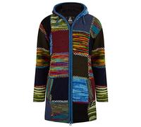 Lange Wollmantel Patch Strickjacke mit Kapuze - SHAKALOHA - W Longpatch Multi Blau Rot Mantel für Damen - im fairen Wettbewerb in Nepal hergestellte Wolljacke mit fleecegefütterter Kapuze. - XXL