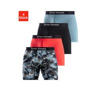 Langer Boxer BRUNO BANANI, Herren, Gr. L (6), 4 Stk., bunt (grau bedruckt, rot, grau, schwarz), Jersey, Obermaterial: 92% Baumwolle, 8% Elasthan, bedruckt, unifarben, Unterhosen, mit Palmendruck und u