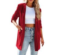 Langer Damen-Cardigan aus Samt, vorne offen, schlichter Reverskragen, Blazer, Oberbekleidung mit Taschen, Vintage-Stil, Staubwedelpullover, Anzug für Büro, rot, 48