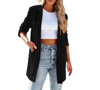 Langer Damen-Cardigan aus Samt, vorne offen, schlichter Reverskragen, Blazer, Oberbekleidung mit Taschen, Vintage-Stil, Staubwedelpullover, Anzug für Büro, Schwarz , 48