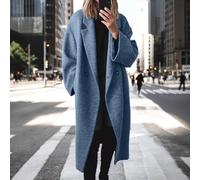 Langer Damen-Trenchcoat für Herbst und Winter, mit Strickjacken-Ausschnitt und langen Ärmeln, lässige Wolloberbekleidung für den täglichen Gebrauch (XL Blau)