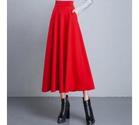 Langer Damenrock mit hoher Taille, A-Linie, dicker warmer Stoff mit Taschen, einfarbiges Design in großen Größen M-3XL für Herbst und Winter (XL Rot)