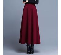 Langer Damenrock mit hoher Taille, A-Linie, dicker warmer Stoff mit Taschen, einfarbiges Design in großen Größen M-3XL für Herbst und Winter (XL Rotwein)