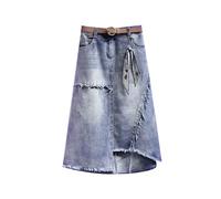 Langer Denim-Rock mit unregelmäßigen Kanten für Damen, lässig, hohe Taille, A-Linie, asymmetrisch, Übergröße, Midi-Jeansrock mit Gürtel