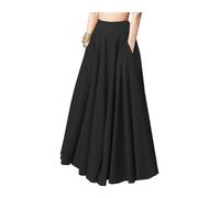Langer Faltenrock für Damen, einfarbig, Übergröße, elastisch, hohe Taille, A-Linie, schwingender Rock, fließender Maxirock mit Taschen, Schwarz , 44