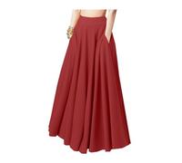 Langer Faltenrock für Damen, einfarbig, Übergröße, elastisch, hohe Taille, A-Linie, schwingender Rock, fließender Maxirock mit Taschen, rot, 48