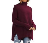 Langer, gerippter Damen-Pullover für Herbst und Winter, lockere Passform, lässiger Rollkragenpullover mit weicher Woll-Baumwoll-Mischung (warm und atmungsaktiv), Ärmelpullover mit Stretch-Rippstrick