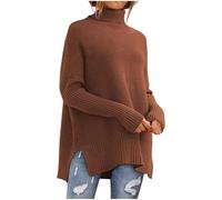 Langer, gerippter Damen-Pullover für Herbst und Winter, lockere Passform, lässiger Rollkragenpullover mit weicher Woll-Baumwoll-Mischung (warm und atmungsaktiv), Ärmelpullover mit Stretch-Rippstrick