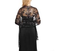 Langer glitzernder Pailletten-Schal mit durchscheinender Tüll-Spitzenstickerei für Hochzeit und Abend (schwarz)