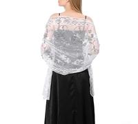 Langer glitzernder Pailletten-Schal mit durchscheinender Tüll-Spitzenstickerei für Hochzeit und Abend (weiß)