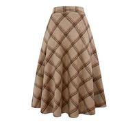 Langer Karierter Wollrock für Damen, Winter, Herbst, warm, hohe elastische Taille, A-Linie, ausgestellt, plissiert, Wolle, Schottenkaro, Khaki, Mittel