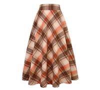 Langer karierter Wollrock für Damen, Winter, Herbst, warm, hohe elastische Taille, A-Linie, ausgestellt, plissiert, Wolle, Schottenkaro, Orange / Braun, XX-Large