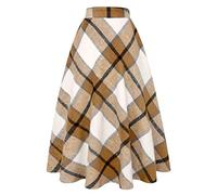 Langer karierter Wollrock für Damen, Winter, Herbst, warm, hohe elastische Taille, A-Linie, ausgestellt, plissiert, Wolle, Schottenkaro, CAMEL, XX-Large