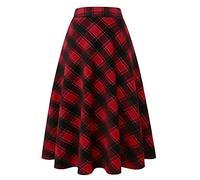 Langer karierter Wollrock für Damen, Winter, Herbst, warm, hohe elastische Taille, A-Linie, ausgestellt, plissiert, Wolle, Schottenkaro, Wein, Groß