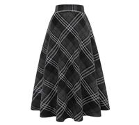 Langer Karierter Wollrock für Damen, Winter, Herbst, warm, hohe elastische Taille, A-Linie, ausgestellt, plissiert, Wolle, Schottenkaro, grau dunkel, 3X-Groß