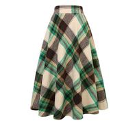 Langer Karierter Wollrock für Damen, Winter, Herbst, warm, hohe elastische Taille, A-Linie, ausgestellt, plissiert, Wolle, Schottenkaro, Grüner Kaffee, Klein