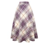 Langer Karierter Wollrock für Damen, Winter, Herbst, warm, hohe elastische Taille, A-Linie, ausgestellt, plissiert, Wolle, Schottenkaro, Violett, X-Groß