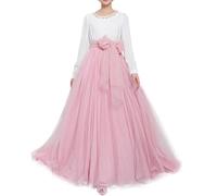 Langer Maxi-Tüll-Rock für Damen, bodenlang, A-Linie, Gürtel mit Schleife, hohe Taille, für Hochzeit, Party, Ausgehabend, personalisierbar - Pink - 16/26W