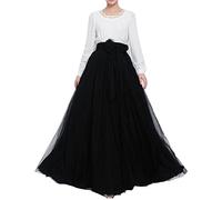 Langer Maxi-Tüll-Rock für Damen, bodenlang, A-Linie, Gürtel mit Schleife, hohe Taille, für Hochzeit, Party, Ausgehabend, personalisierbar - Schwarz - 36/48 DE/ M