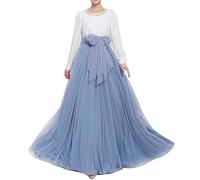 Langer Maxi-Tüll-Rock für Damen, bodenlang, A-Linie, Gürtel mit Schleife, hohe Taille, für Hochzeit, Party, Ausgehabend, personalisierbar - Blau - 16/26W
