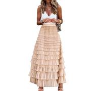 Langer Maxi-Tüllrock für Damen, A-Linie, Rüschen, Netzstoff, hohe Taille, gestuft, mehrlagig, Petticoat, Champagner, Mittel