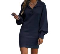 Langer Pullover Damen V Ausschnitt Pulloverkleid Strickkleid Pullikleid Damen Pullover Pulli Kleid Kleider Long Sweater Damen Strickkleider Long Pullover for Women Strickpulli Damen Lang Blau XL
