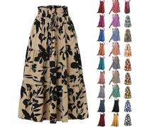 Langer Rock Damen Bohemien Bohemien Druck Freizeitrock Sommerrock Leicht Elastische Bund Röcke Langrock Mit Taschen Maxi Rock Damen Lang Boho Hosenrock（7-Khaki，XL）