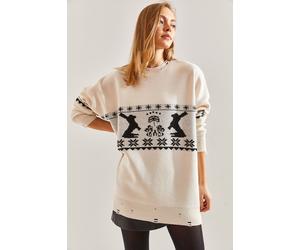 Langer, übergroßer gemusterter Strickpullover mit Rundhalsausschnitt S/M