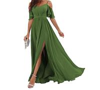 Langes Brautjungfernkleid aus Chiffon, schulterfrei, mit Schlitzfalten, oliv, 40