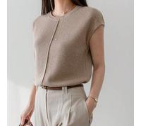 Langes Damen Rundhals Kurzarm Strick Rippenweste mit elegantem Schlitzdesign