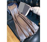Langes Damenkleid aus Satin, V-Ausschnitt, einfarbig, rückenfrei, lässig, Maxikleid mit Hosenträgern in Grau oder Grün, leichtes Stretch-Polyester-Spandex-Mischgewebe für Abendparty oder Urlaub (M
