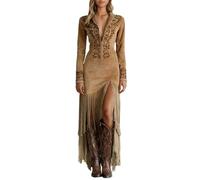 Langes Damenkleid aus Wildleder, Western-Stil, langärmlig, tiefer V-Ausschnitt, mit Reißverschluss vorne, Wikinger-Motiv, Brust und Manschetten, Schlitz vorne, Saum mit langen Fransen