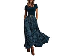 Langes Damenkleid, Übergröße, Maxikleid aus Samt, mit Taschen, elegantes Retro-Kleid, Boho-Swing-Kleid, kurzärmelig, Blumendruck, Frühling, Sommer, Rundhalsausschnitt, lässig, sexy Outfit, blau, 4XL