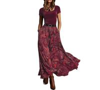 Langes Damenkleid, Übergröße, Maxikleid aus Samt, mit Taschen, elegantes Retro-Kleid, Boho-Swing-Kleid, kurzärmelig, Blumendruck, Frühling, Sommer, Rundhalsausschnitt, lässig, sexy Outfit, wein, 5XL